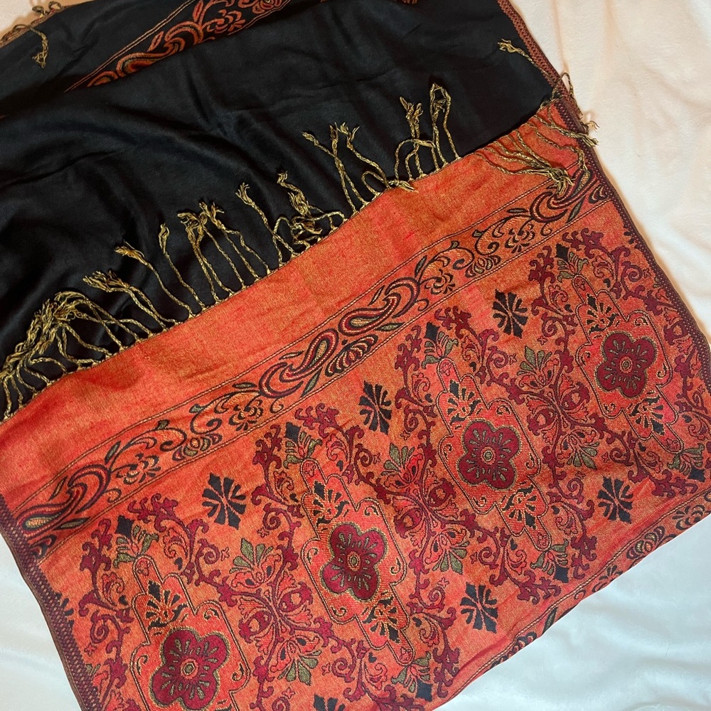 Pashmina Floral Ornament Black and Orange Paisley Wrap Scarf Shawl